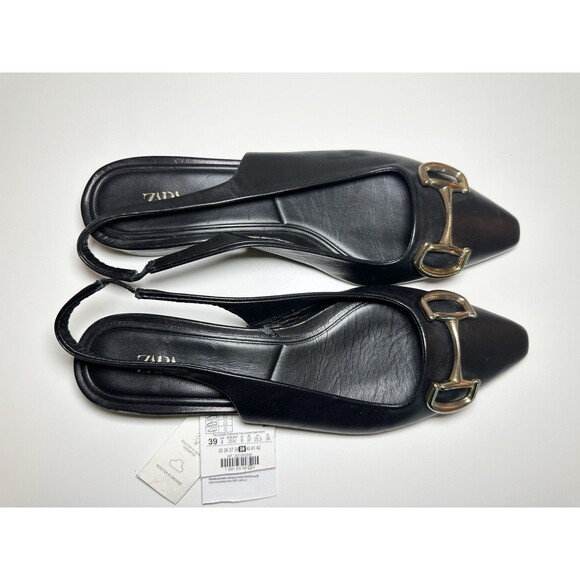 ZARA Black Leather Slingback Pointed Toe Mules Buckle Women Heels US 8 EU 39 NEW - Picture 7 of 14
